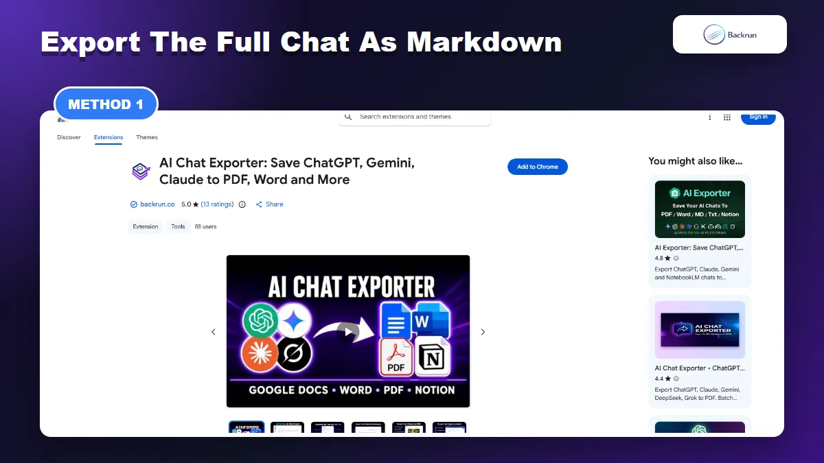 Chrome Web Store page for AI Chat Exporter with Gemini support