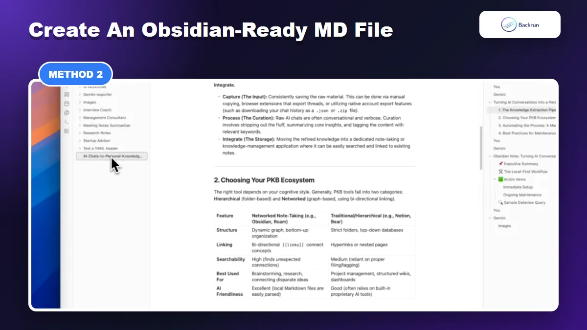 Obsidian displaying a structured Markdown note created from a Gemini conversation