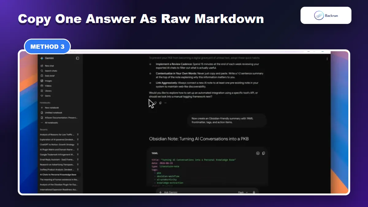 Gemini response formatted as raw Markdown with YAML frontmatter for Obsidian