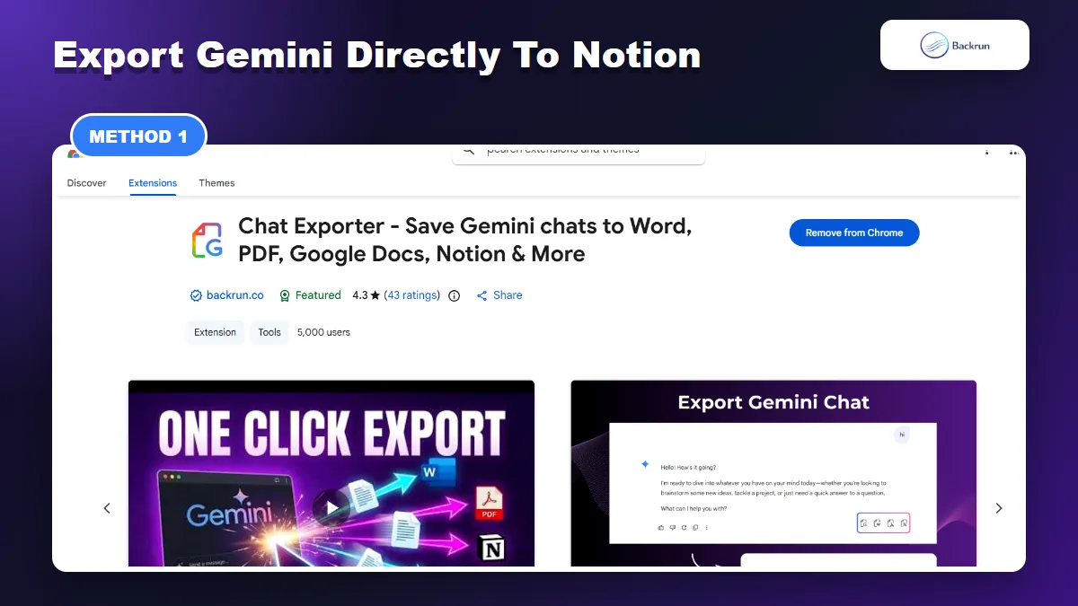 Chrome Web Store page for Backrun Gemini Exporter with Notion export support