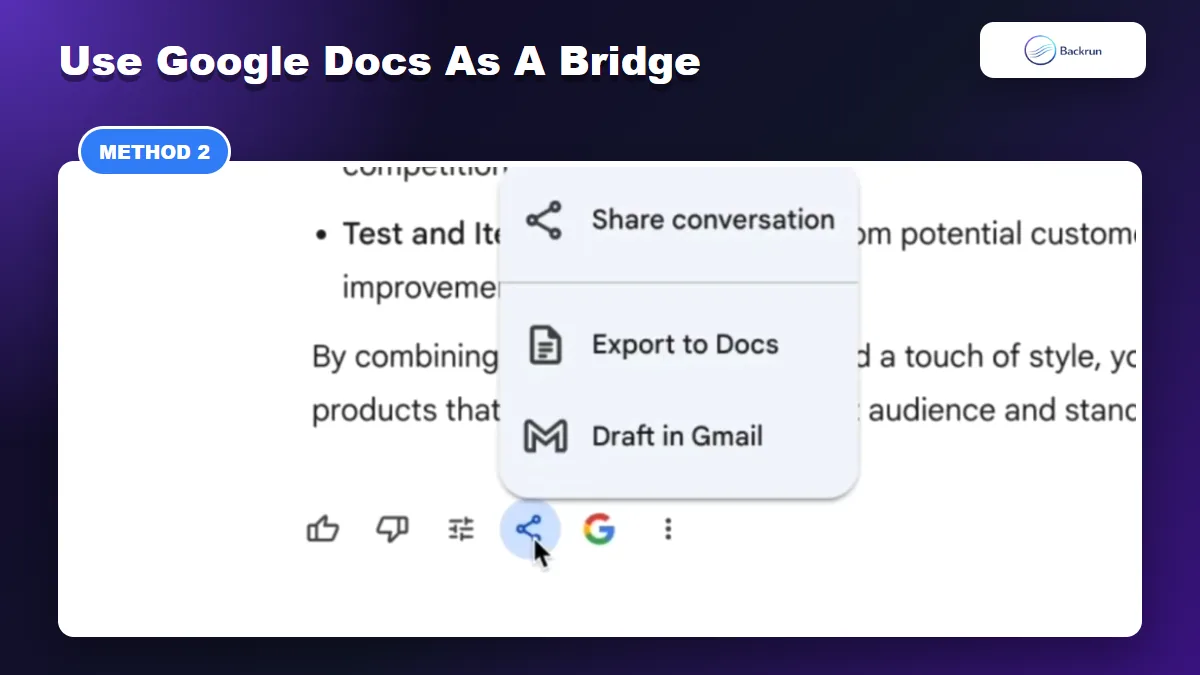 Gemini export menu showing Export to Docs for one response