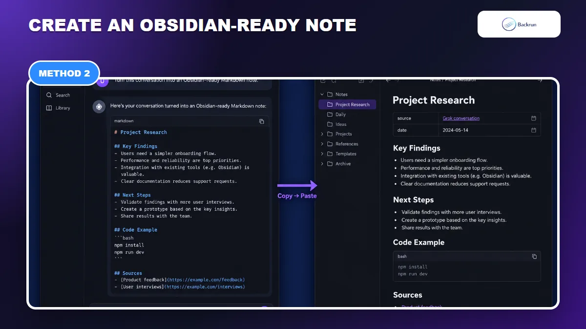 Grok conversation converted into a structured Markdown note in an Obsidian-style editor