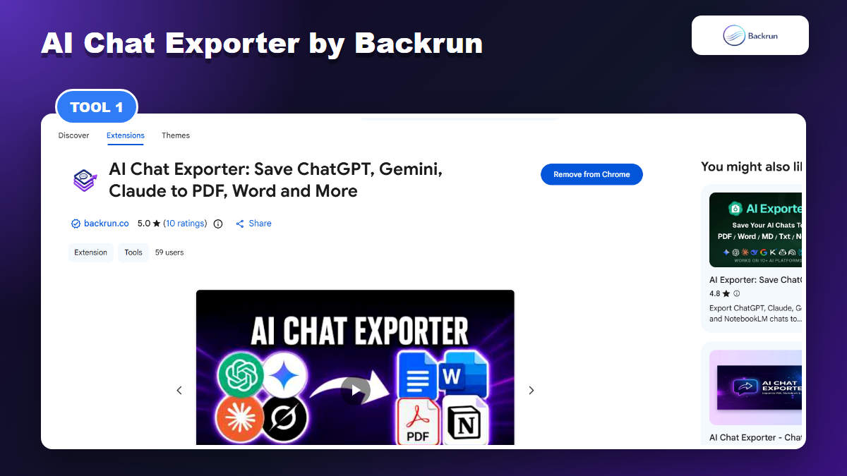 Chrome Web Store page for AI Chat Exporter by Backrun