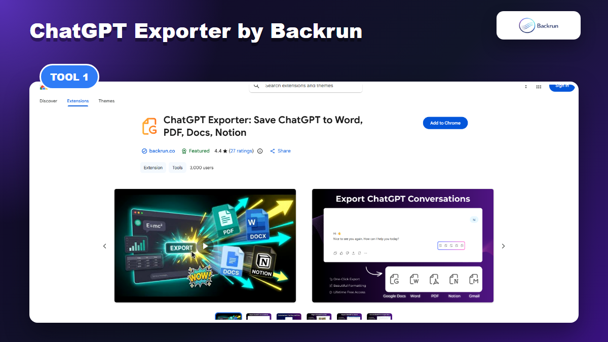 Chrome Web Store page for ChatGPT Exporter by Backrun