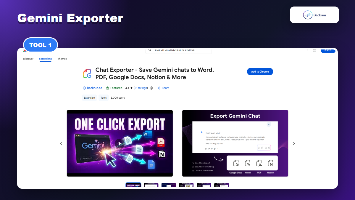 Chrome Web Store page for Gemini Exporter by Backrun