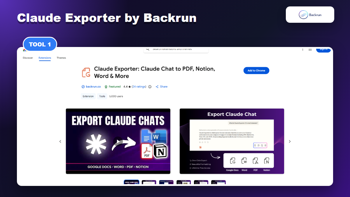 Chrome Web Store page for Claude Exporter by Backrun