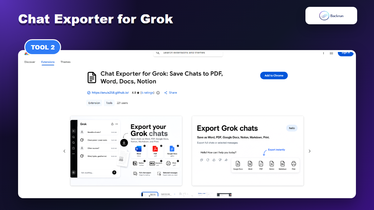 Chrome Web Store page for Chat Exporter for Grok by Nguyen Anh Nui