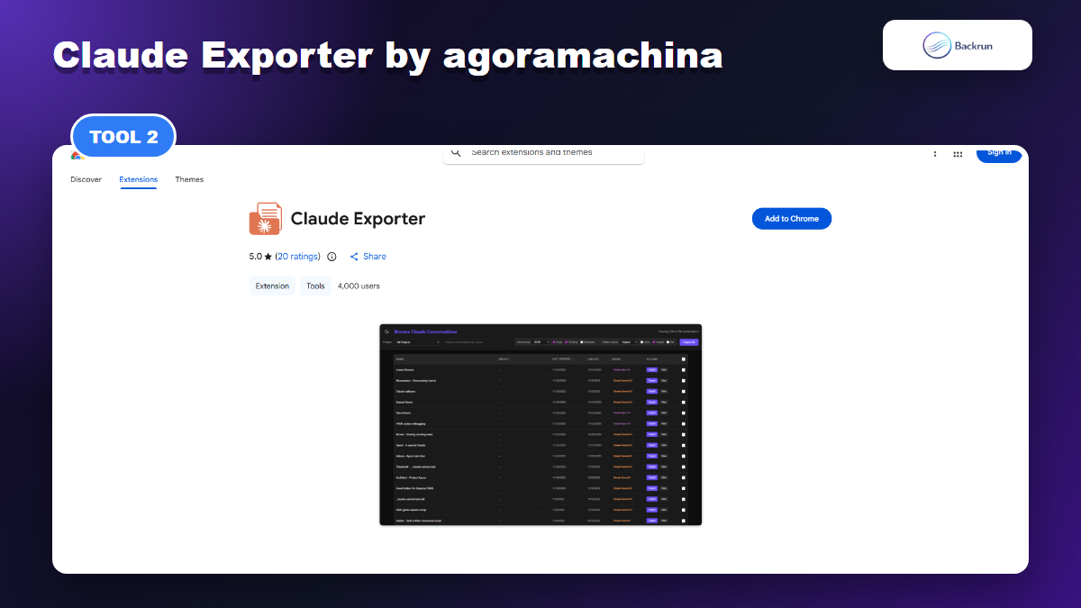 Chrome Web Store page for Claude Exporter by agoramachina
