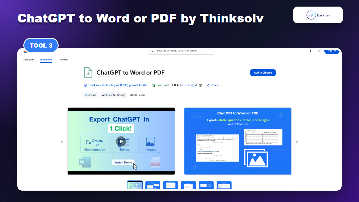 Chrome Web Store page for ChatGPT to Word or PDF by Thinksolv