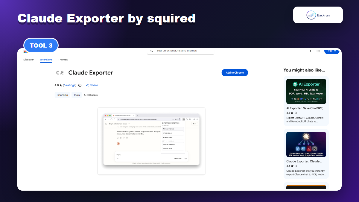 Chrome Web Store page for Claude Exporter by squired