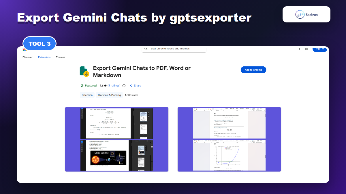 Chrome Web Store page for Export Gemini Chats to PDF Word or Markdown by gptsexporter