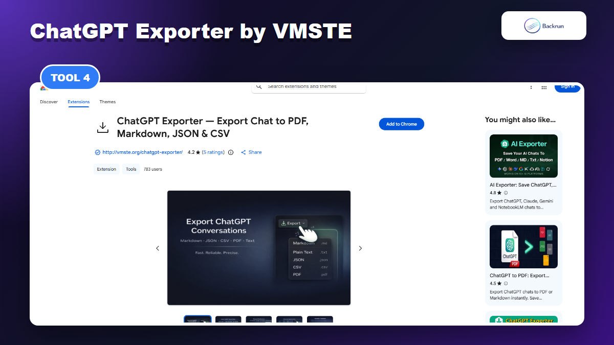 Chrome Web Store page for ChatGPT Exporter by VMSTE