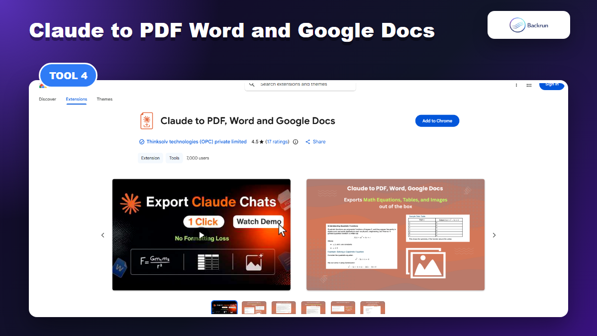 Chrome Web Store page for Claude to PDF Word and Google Docs by Thinksolv