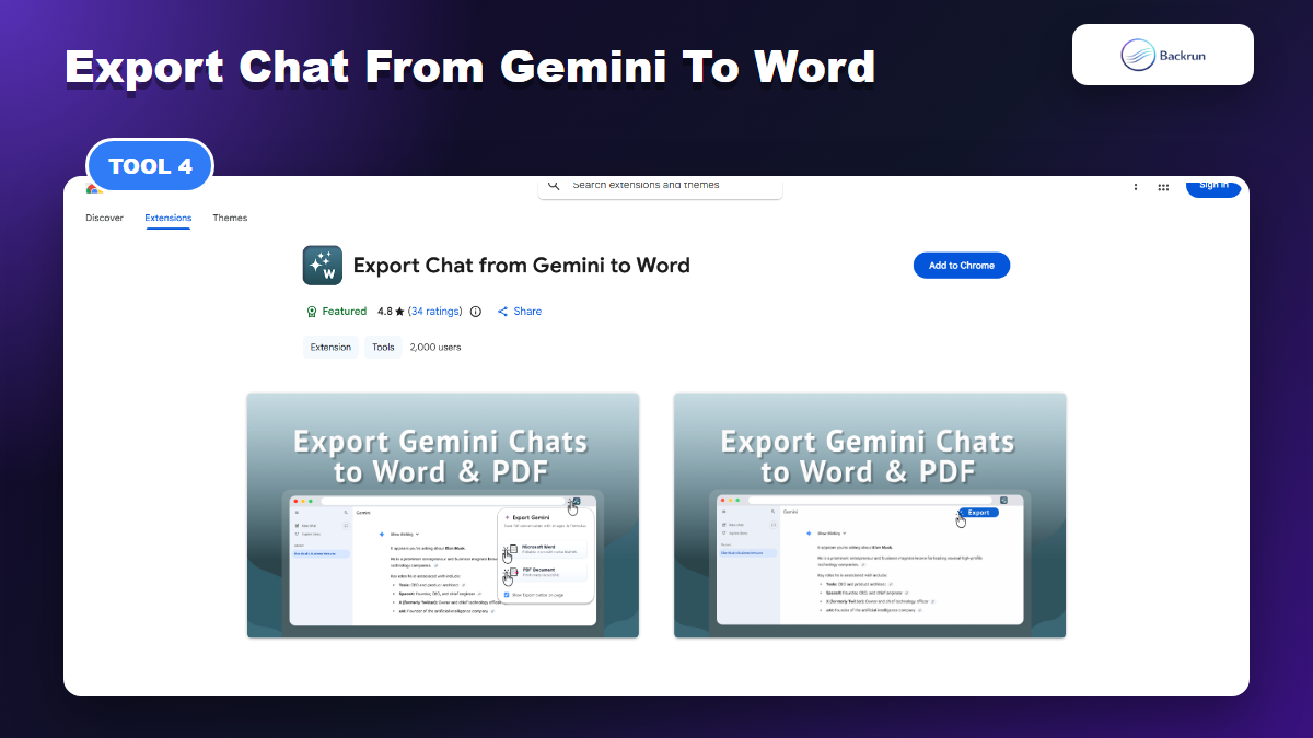 Chrome Web Store page for Export Chat from Gemini to Word by Purple Parrottt