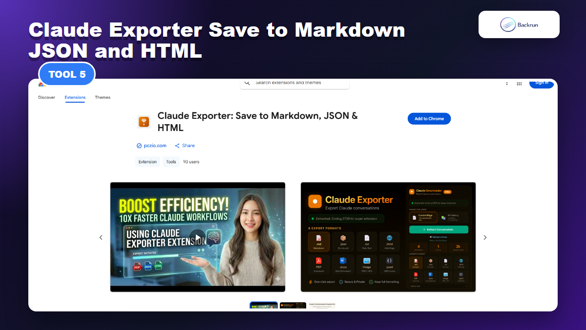 Chrome Web Store page for Claude Exporter Save to Markdown JSON and HTML by pczio