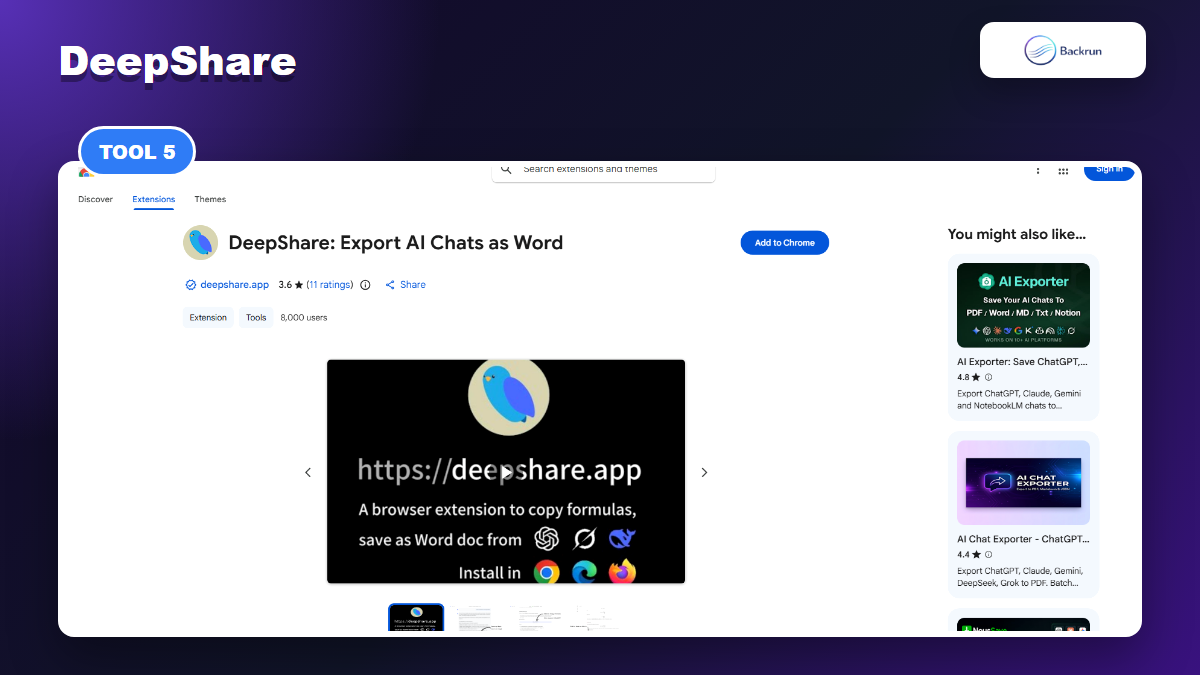 Chrome Web Store page for DeepShare export AI chats as Word