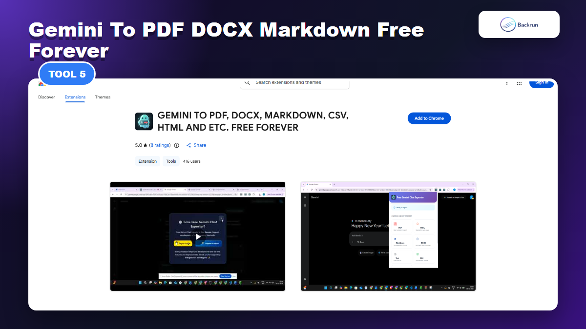 Chrome Web Store page for Gemini to PDF DOCX Markdown CSV HTML and ETC Free Forever by useme