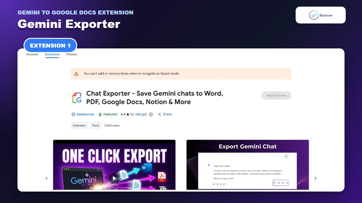 Chrome Web Store listing for Gemini Exporter with Google Docs Word PDF and Notion support