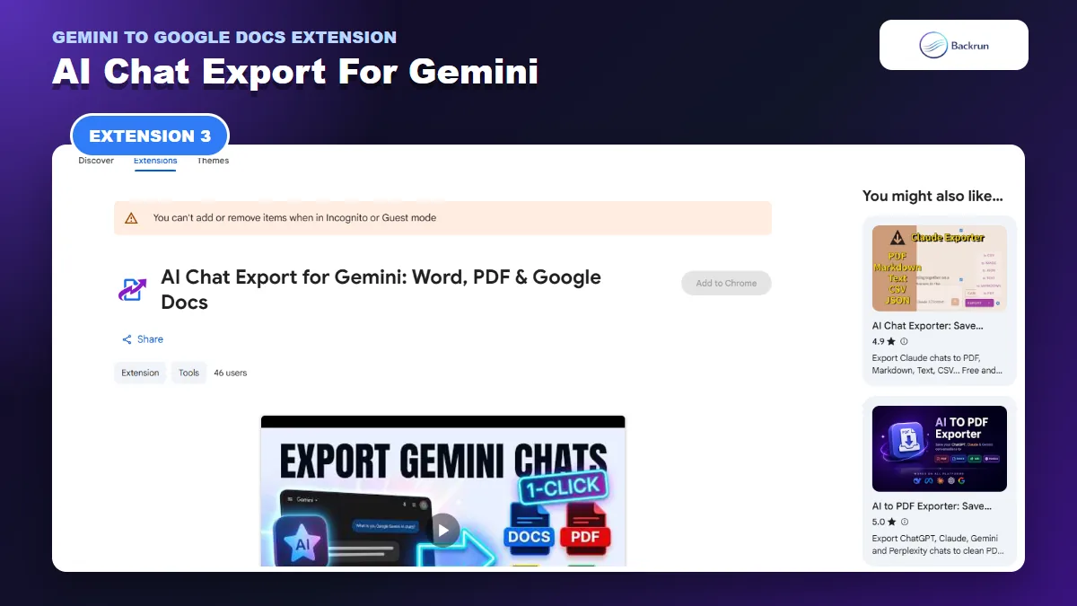 Chrome Web Store listing for AI Chat Export for Gemini with Google Docs integration
