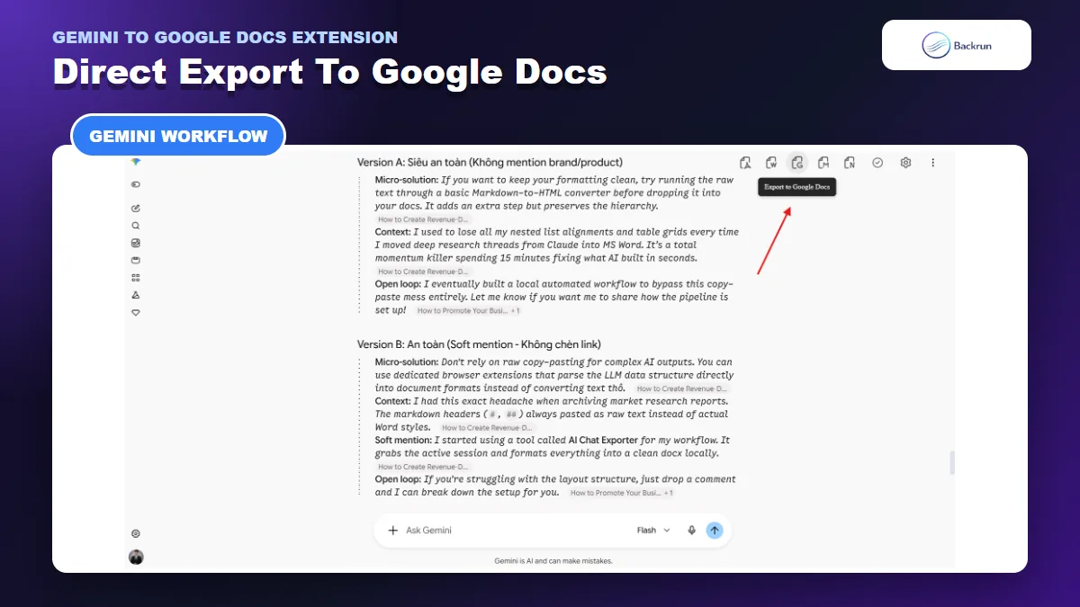Gemini response showing the Export to Google Docs button