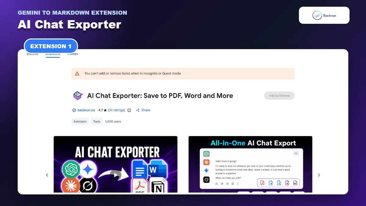 Chrome Web Store listing for AI Chat Exporter with Gemini and Markdown support