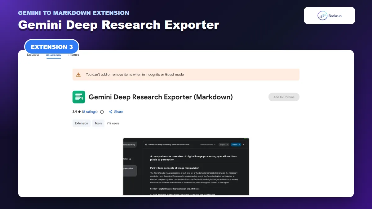 Chrome Web Store listing for Gemini Deep Research Exporter Markdown
