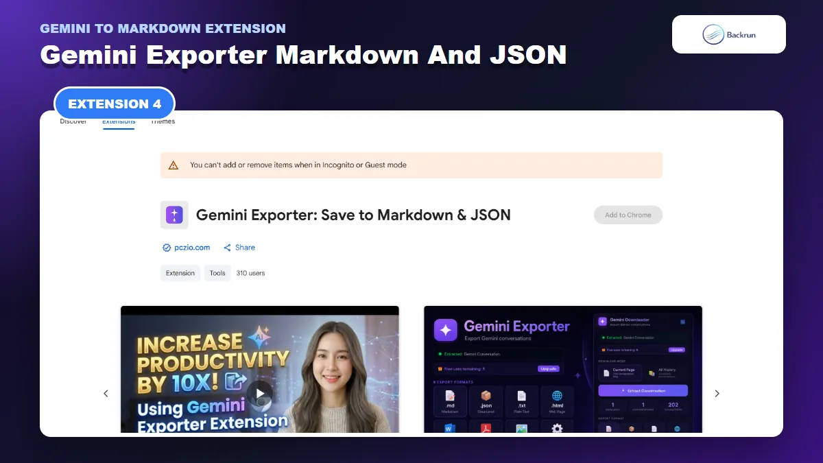 Chrome Web Store listing for Gemini Exporter Save to Markdown and JSON