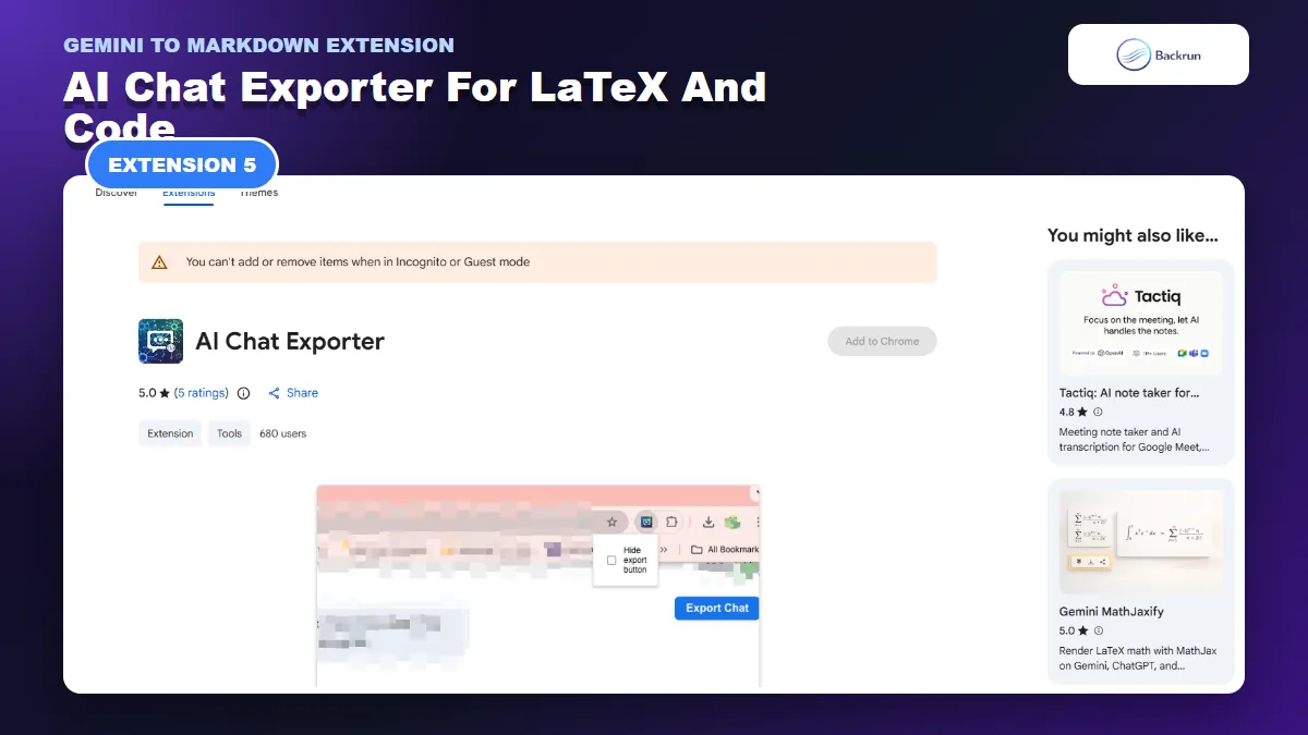 Chrome Web Store listing for AI Chat Exporter with Gemini LaTeX and code support