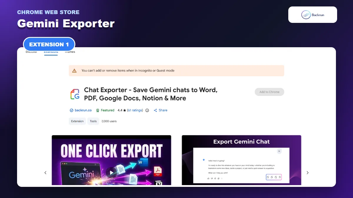 Chrome Web Store listing for Gemini Exporter with direct Notion export