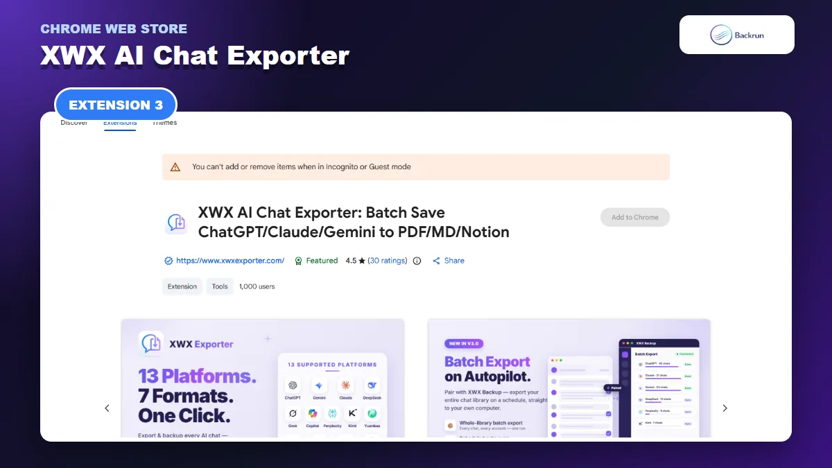 Chrome Web Store listing for XWX AI Chat Exporter with Gemini and Notion support