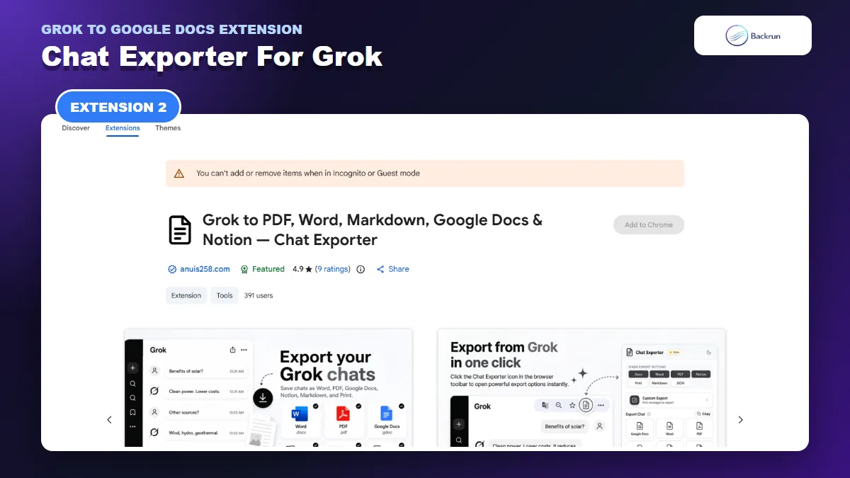 Chrome Web Store listing for Chat Exporter for Grok with Google Docs Word PDF Markdown and Notion support