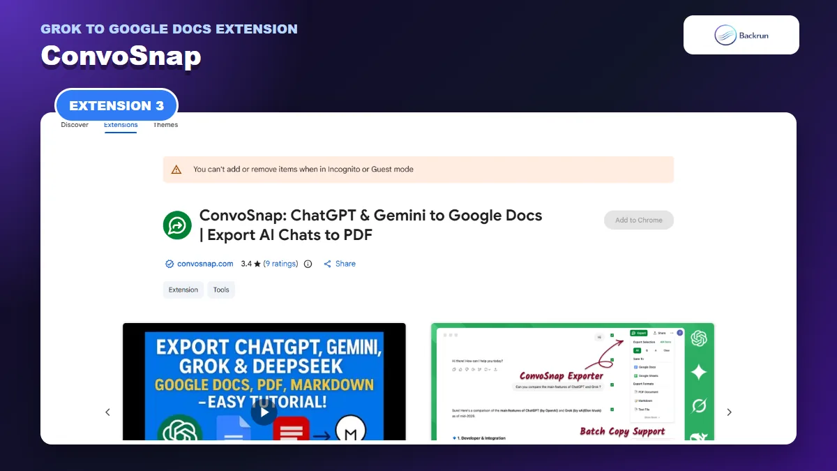 Chrome Web Store listing for ConvoSnap with Grok and Google Docs export