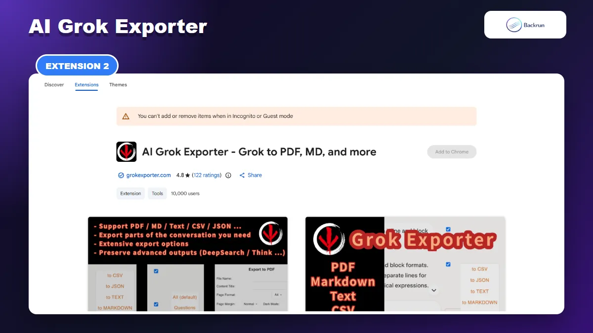 Chrome Web Store listing for AI Grok Exporter with Markdown export