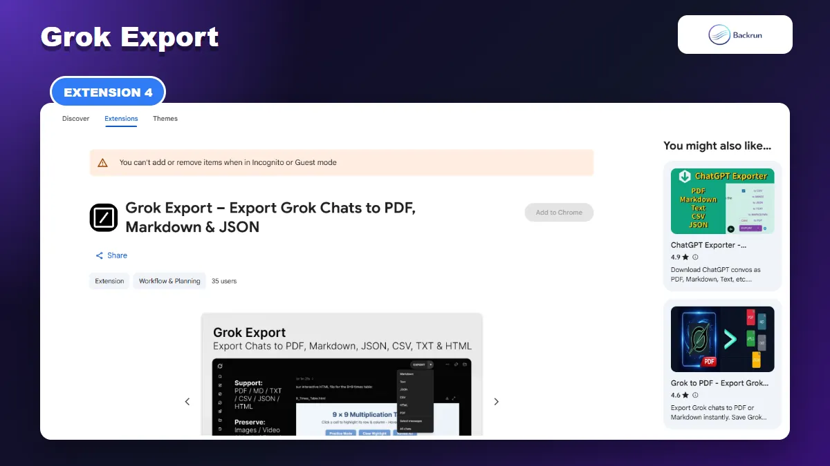 Chrome Web Store listing for Grok Export with Markdown JSON CSV and HTML formats