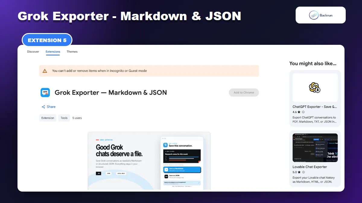 Chrome Web Store listing for Grok Exporter Markdown and JSON