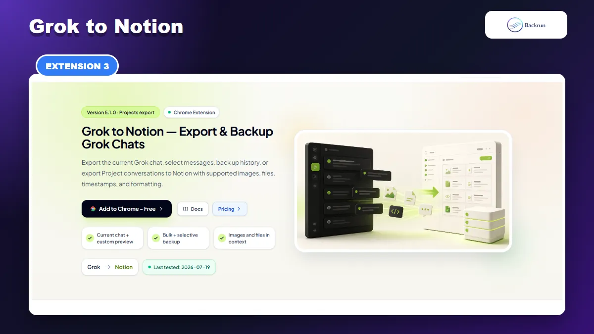 Official Grok to Notion product page showing chat, history, Project, image, and file export
