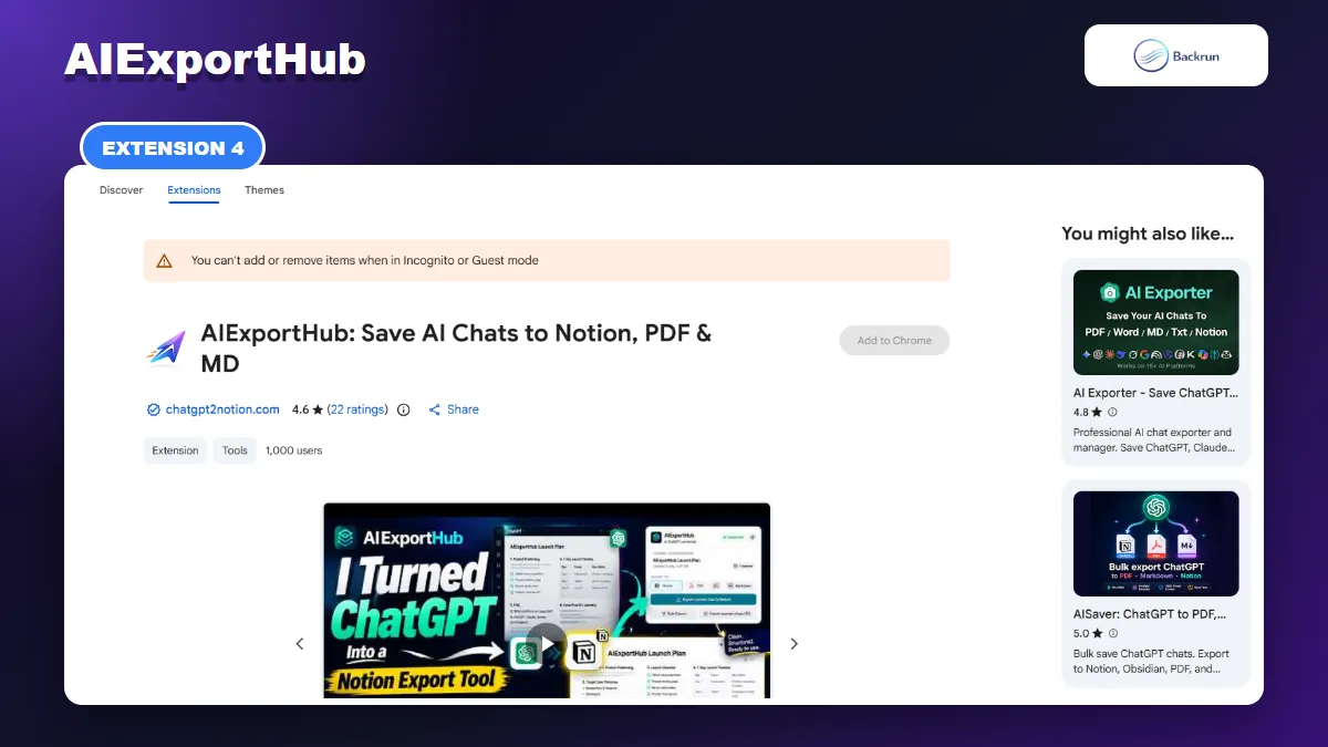 Chrome Web Store listing for AIExportHub with Grok conversations, Projects, and Notion sync