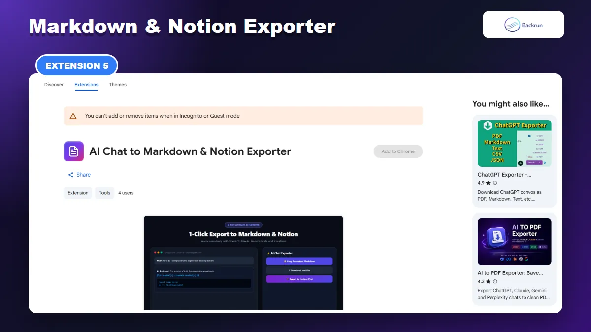 Chrome Web Store listing for AI Chat to Markdown and Notion Exporter with Grok support