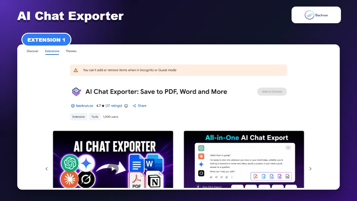 Chrome Web Store listing for AI Chat Exporter with Grok PDF support