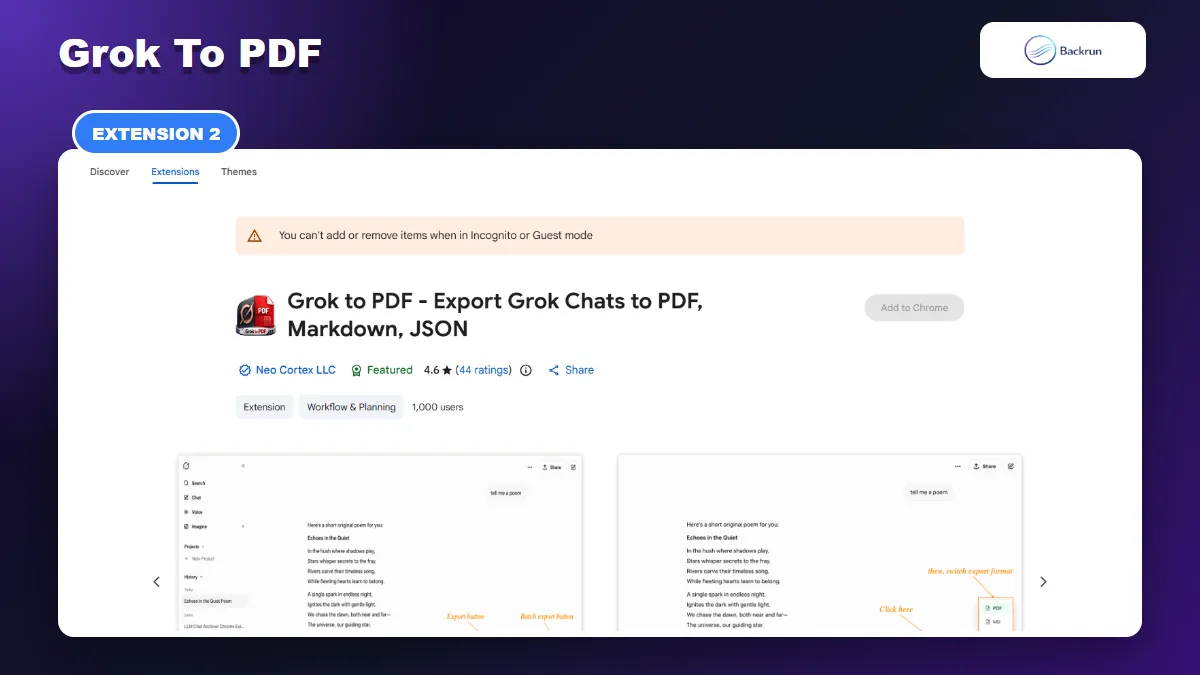Chrome Web Store listing for Grok to PDF by Neo Cortex