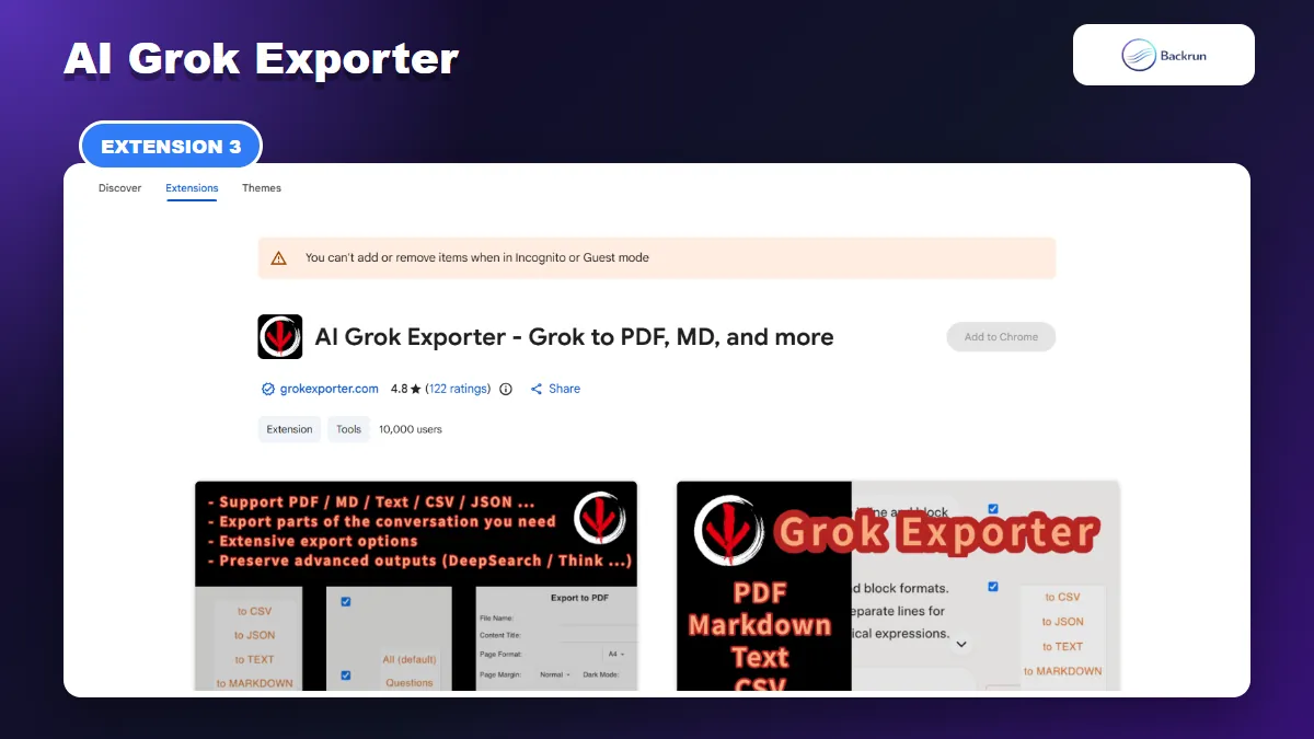 Chrome Web Store listing for AI Grok Exporter with detailed PDF settings