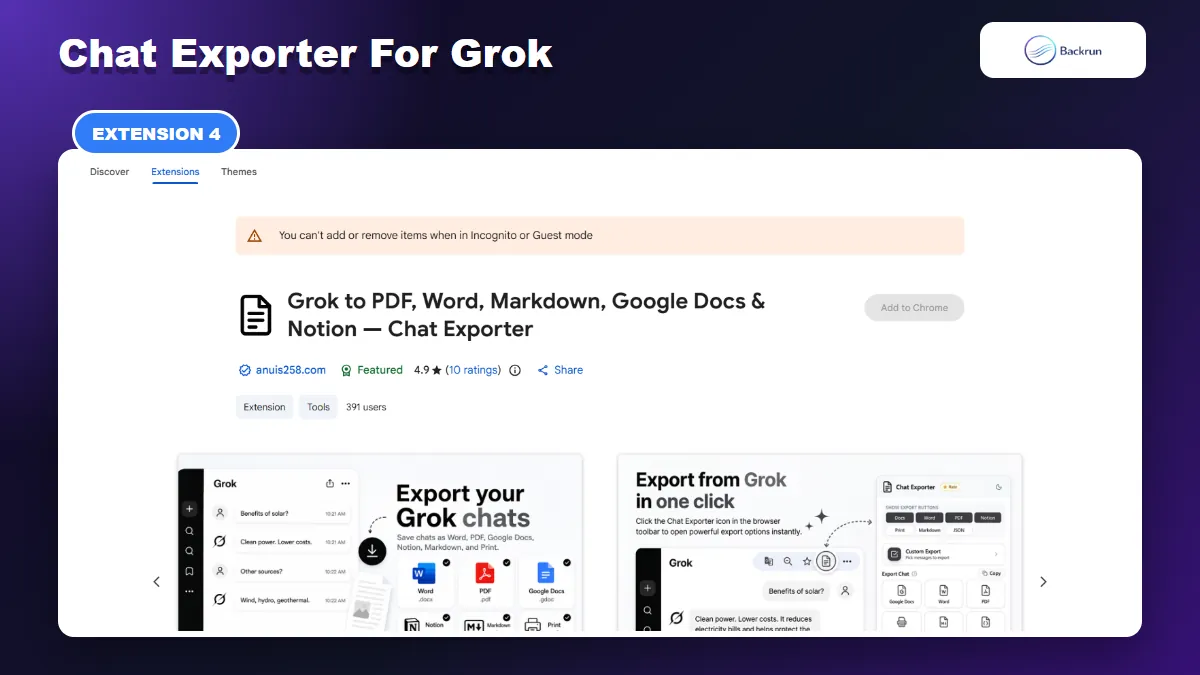 Chrome Web Store listing for Chat Exporter for Grok with PDF and Word support