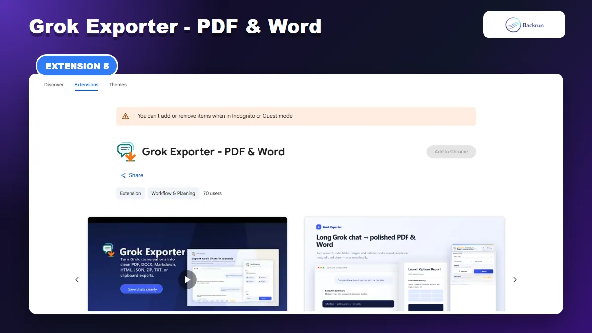 Chrome Web Store listing for Grok Exporter PDF and Word