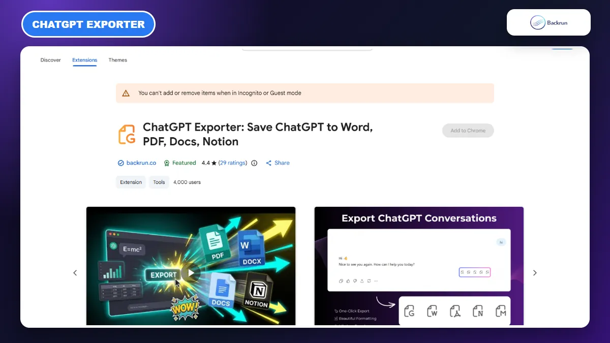 ChatGPT Exporter Chrome Web Store page with Google Docs export support