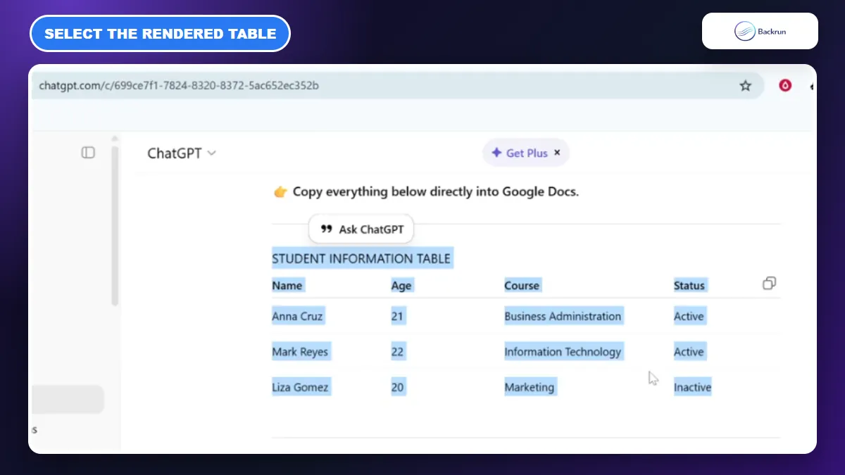 A rendered ChatGPT table selected before copying into Google Docs