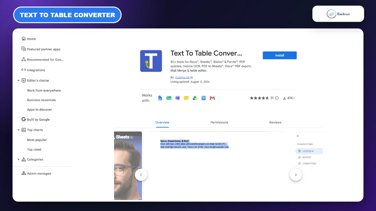 Text To Table Converter listing in Google Workspace Marketplace