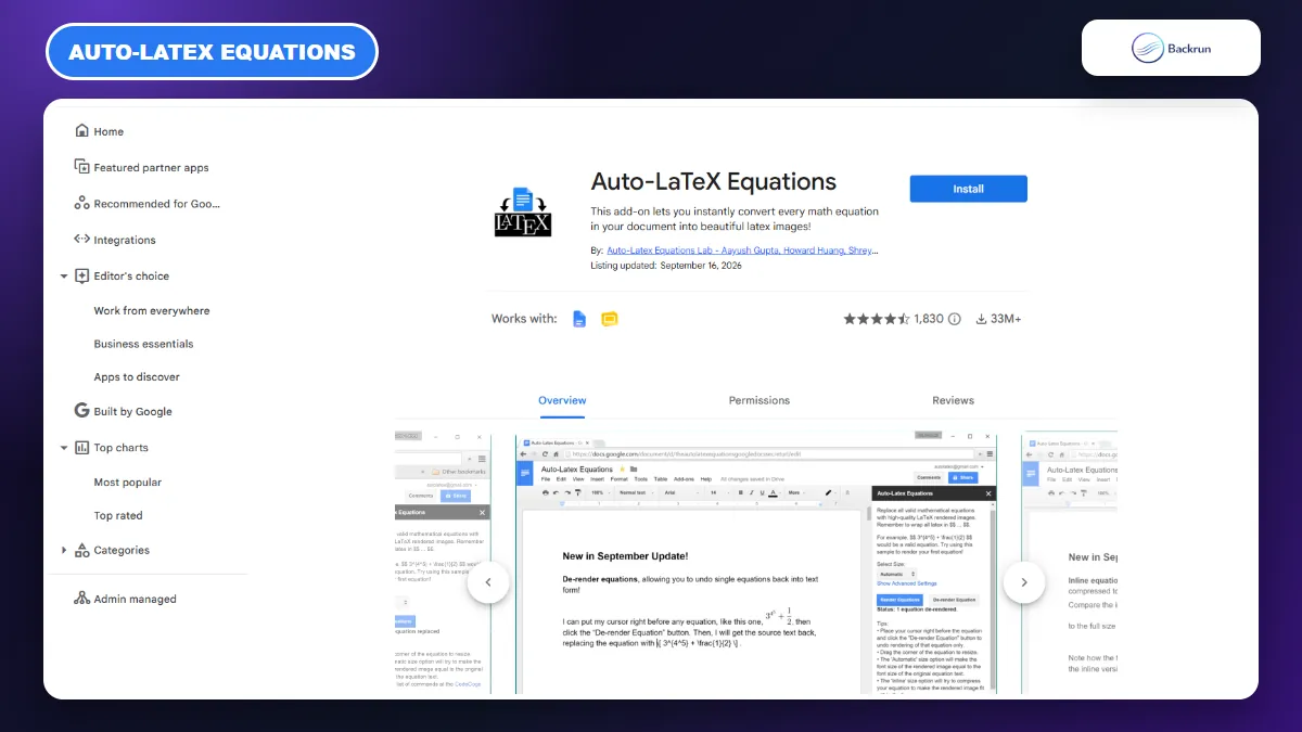 Auto-LaTeX Equations listing in Google Workspace Marketplace