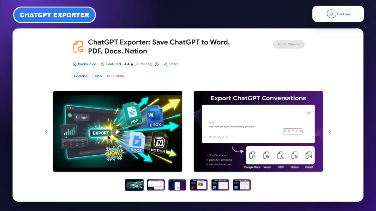 ChatGPT Exporter Chrome Web Store listing with Google Docs support