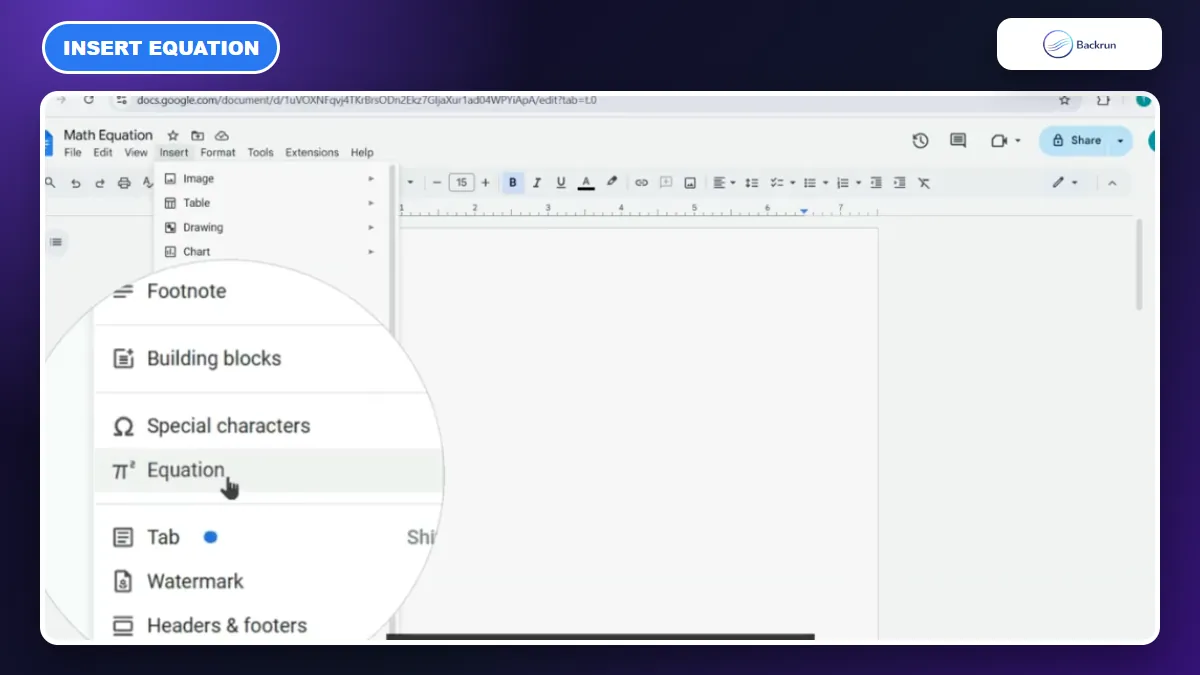 Google Docs Insert menu with the Equation command highlighted