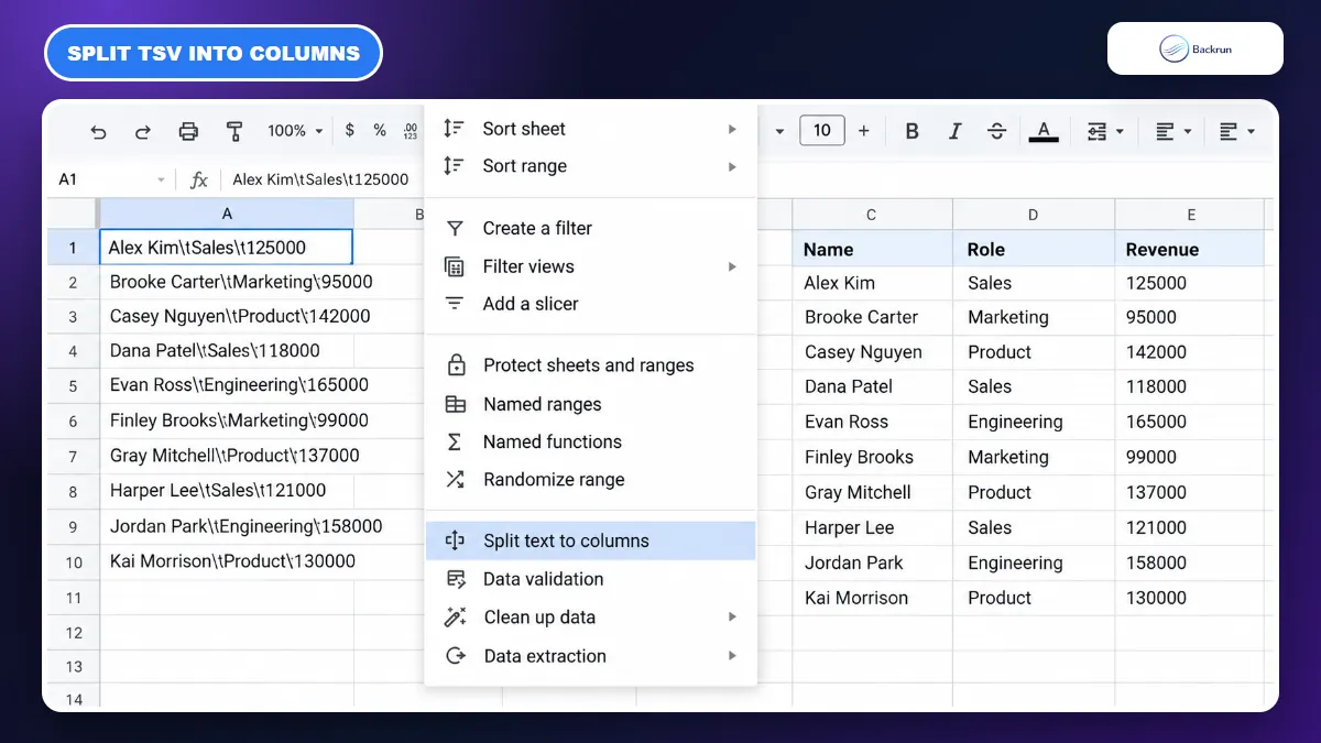 Google Sheets Data menu with Split text to columns highlighted for ChatGPT TSV data
